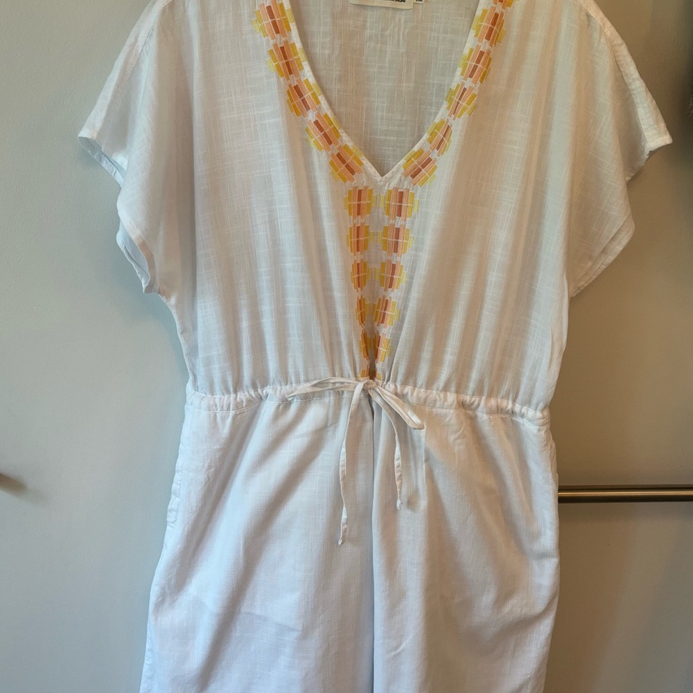 White V-Neck Summer Linen Dress with Orange Accents